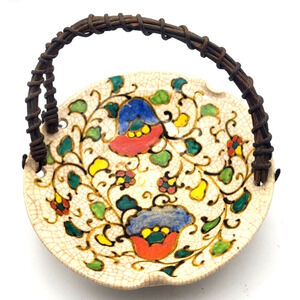 Vintage Handpainted Japanese Ceramic Bowl Basket Rattan Handle Crackle Glaze 9x8